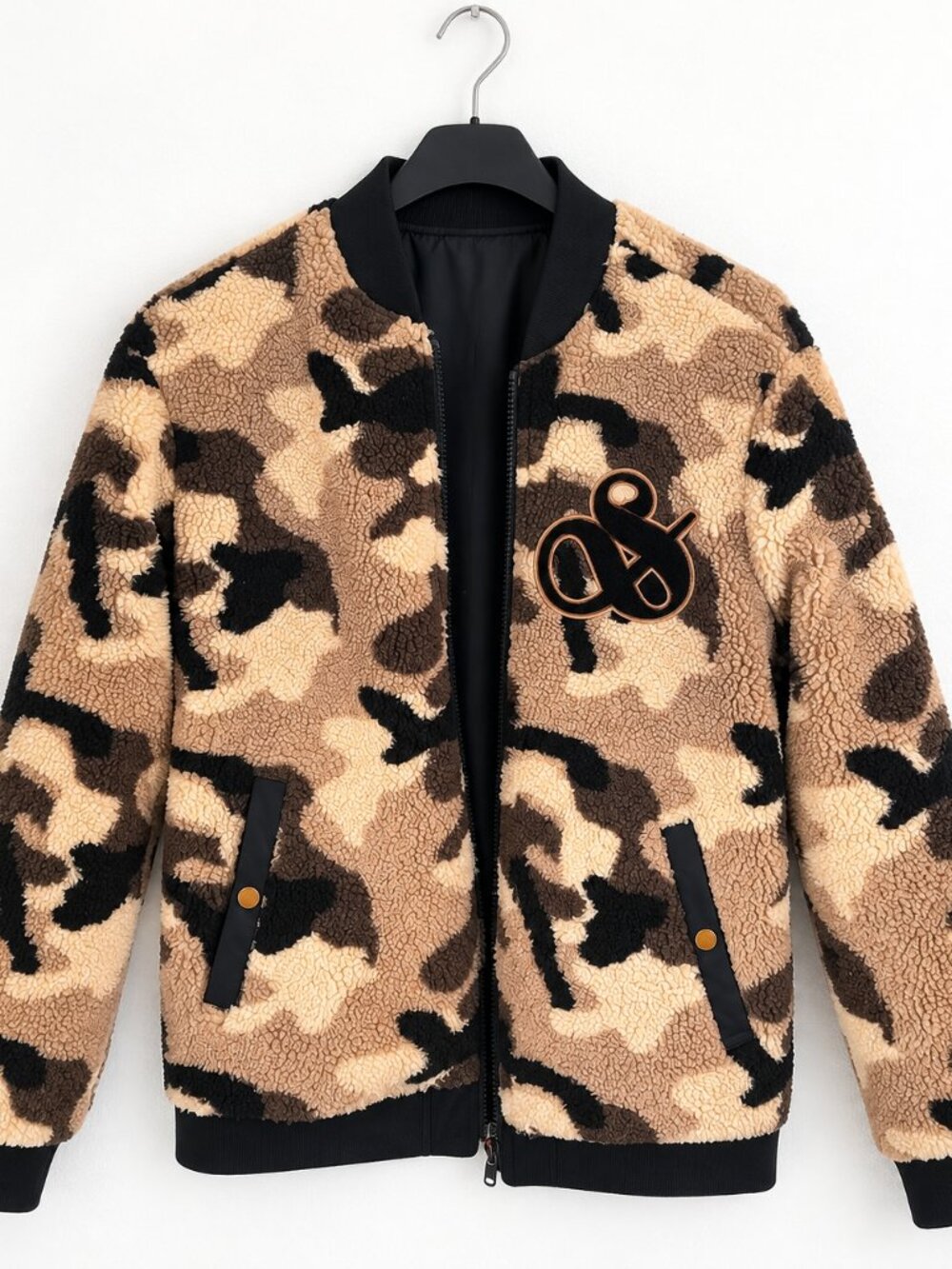 Scotch & Soda Reversible Camo Sherpa Bomber Jacket Brown Cream L NWOT